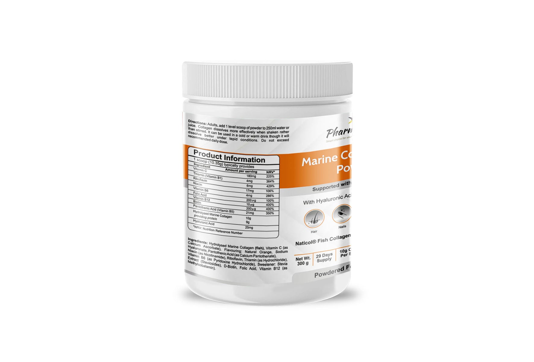 Hydrolysed Marine Collagen Plus Powder 300g - 10,000mg Collagen Orange Flavoured
